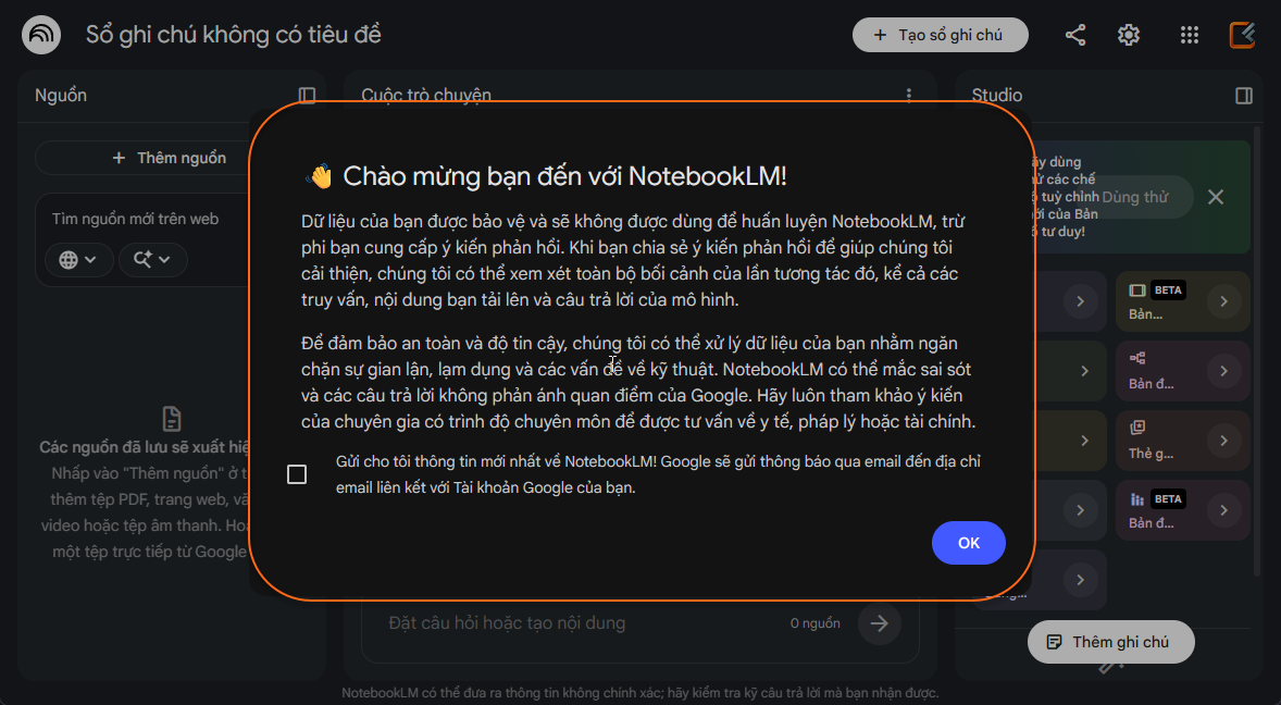 Trang chủ NotebookLM khi đã đăng nhập Google — hộp thoại Chào mừng đến với NotebookLM và nút Tạo sổ tay mới ở góc trên bên phải